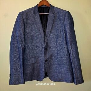 Guess Dark Navy Blue Linen Blend Slim Fit Blazer Jacket Size 46